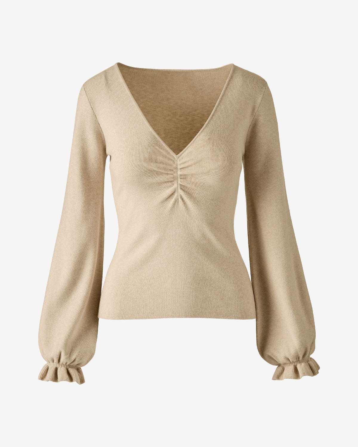 V Neck Sweater with Ruching Detail Heathered Oatmeal