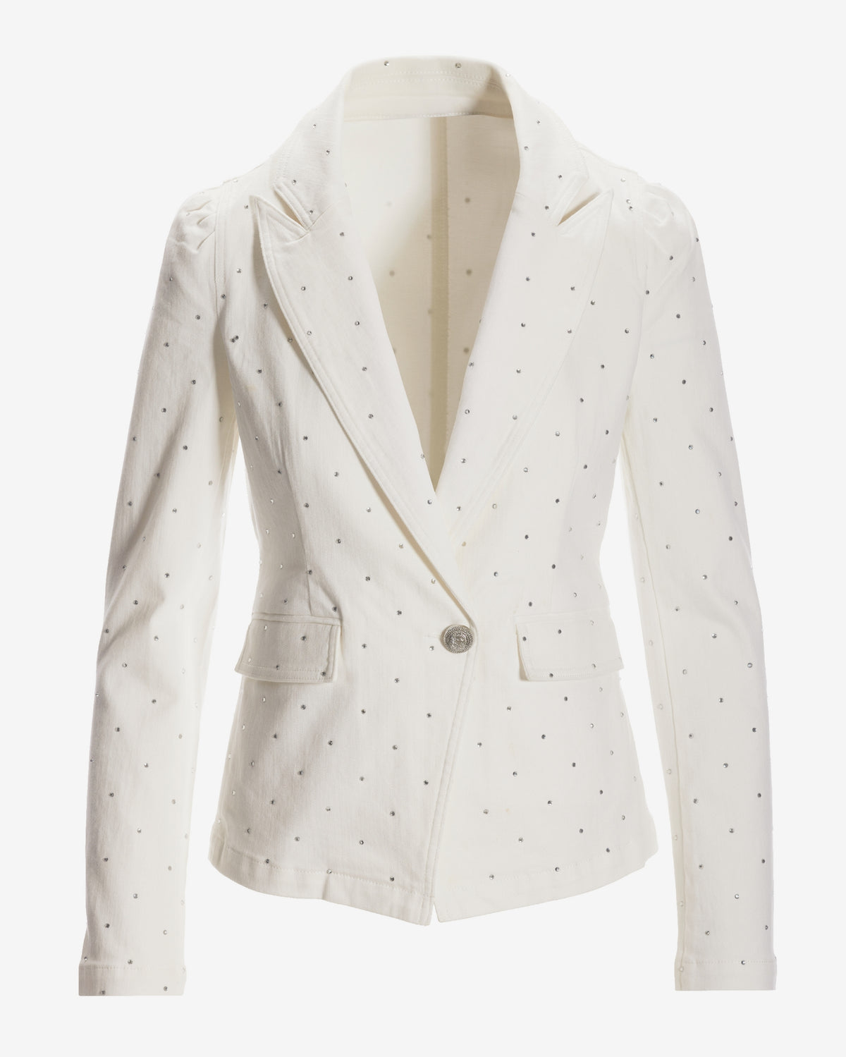 Rhinestone Embellished Puff Sleeve Single Button Denim Blazer White