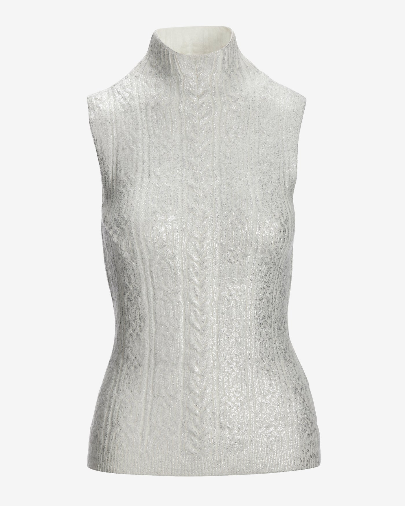 Foil Cable Sleeveless Mock Neck Sweater Off White Silver