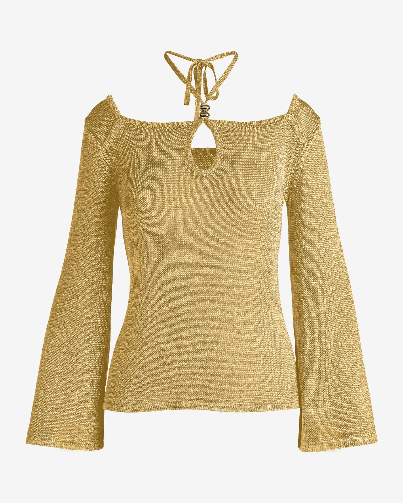 Keyhole Cut Out Flare Sleeve Metallic Sweater with Strap Detail Gold Metallic