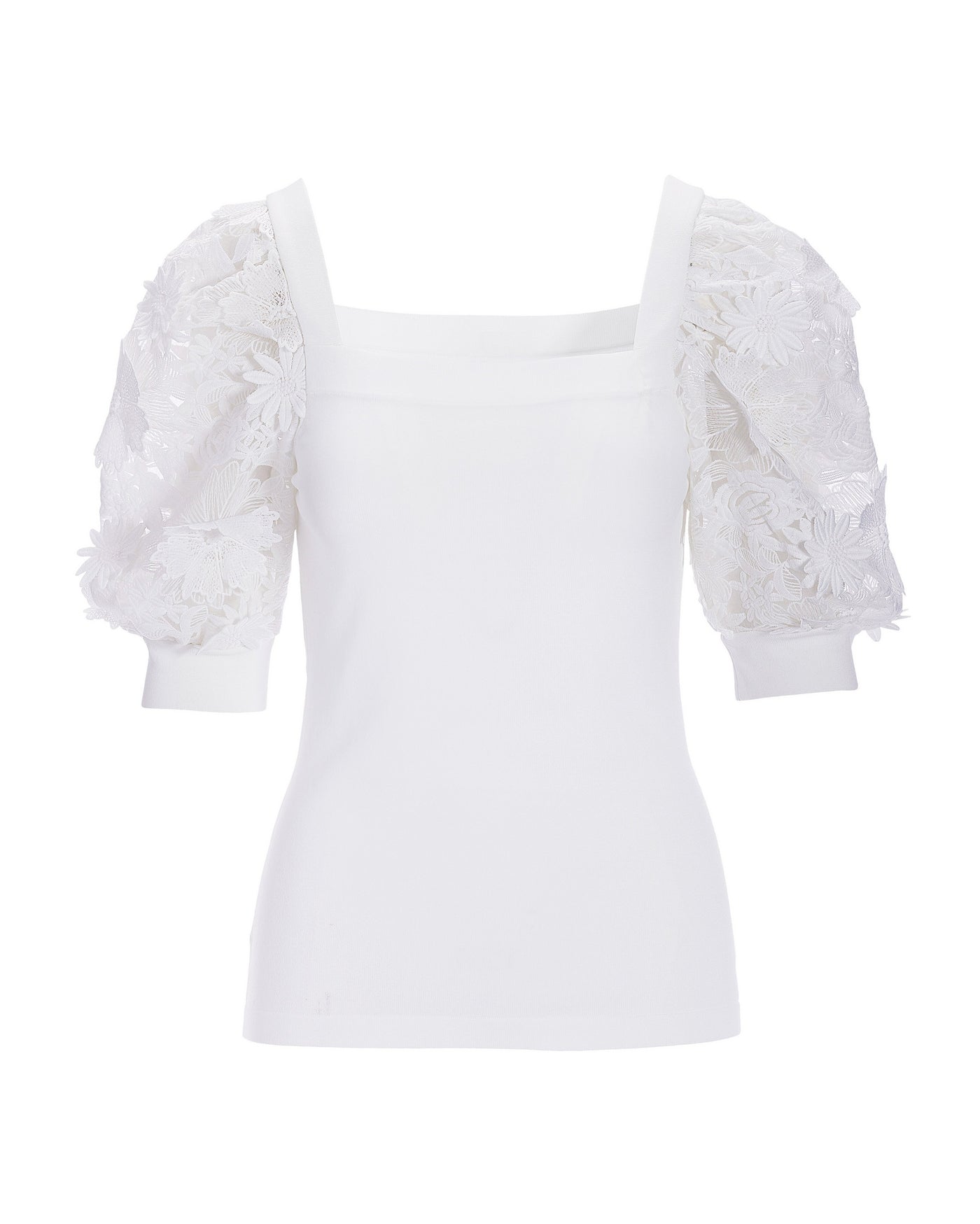 Floral Organza Sleeve Square Neck Sweater White