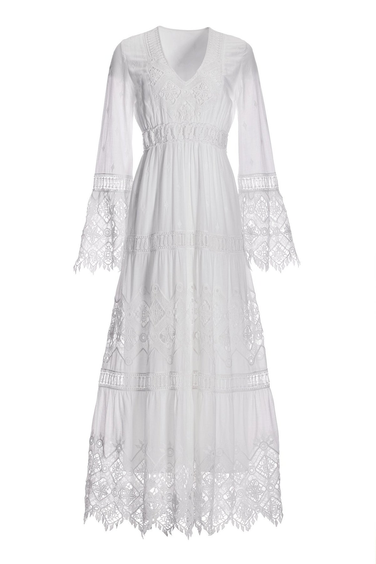Lace Inset Flare Sleeve Maxi Dress White