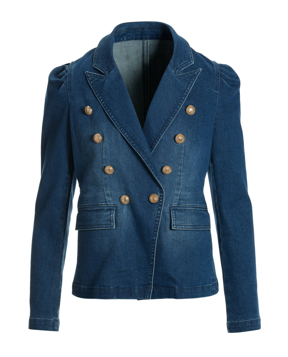Puff-Sleeve Double-Breasted Denim Blazer Dark Wash
