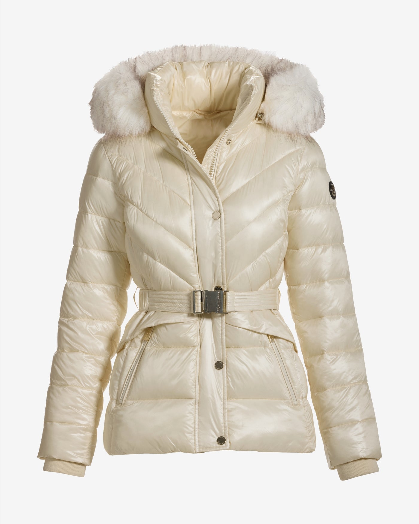 Glossy Finish Faux Fur Trim Hooded Puffer Coat Bone