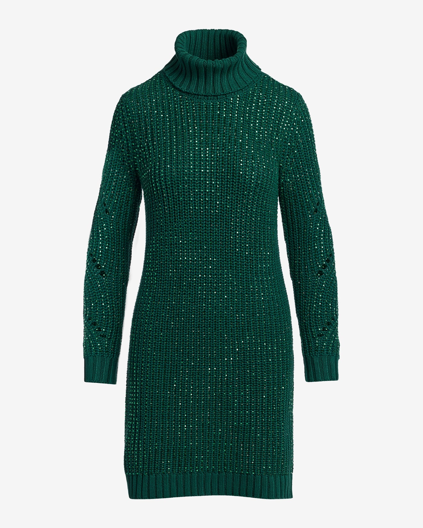 Crystal Embellished Turtleneck Sweater Dress Emerald