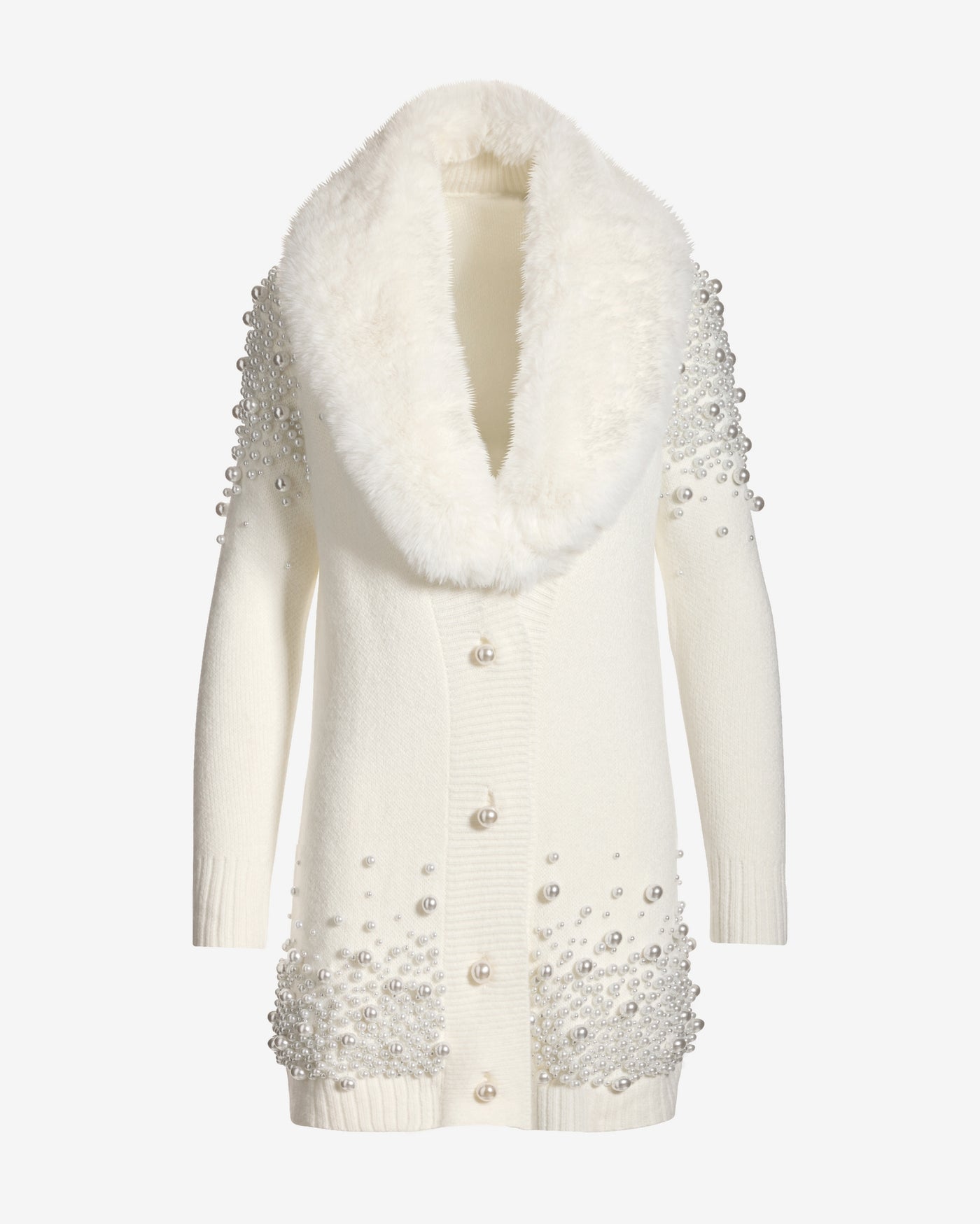 Faux Fur Collar Pearl Embellished Cardigan Sweater Off White