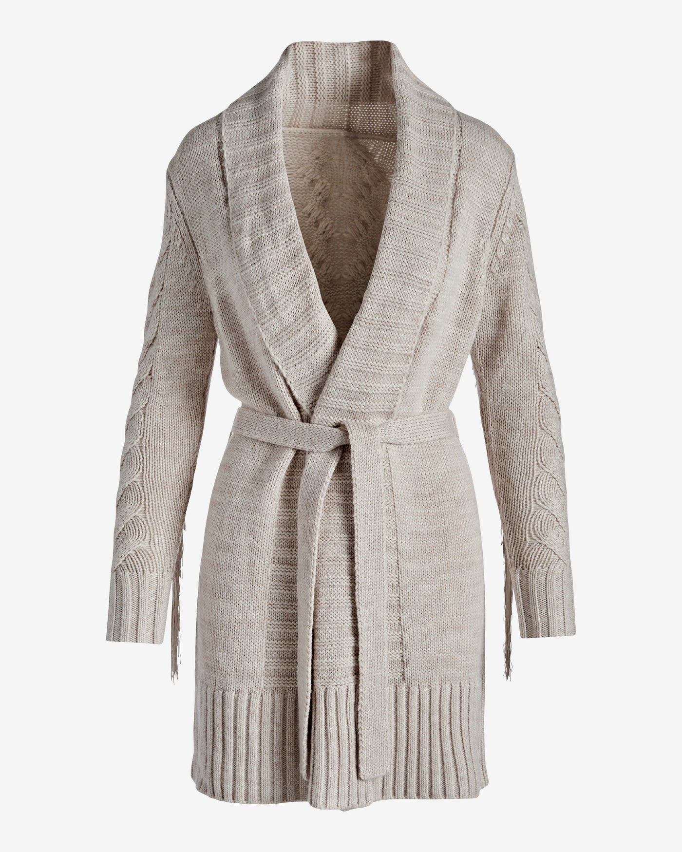 Fringe Mid Length Tie Waist Cardigan Heather Oatmeal
