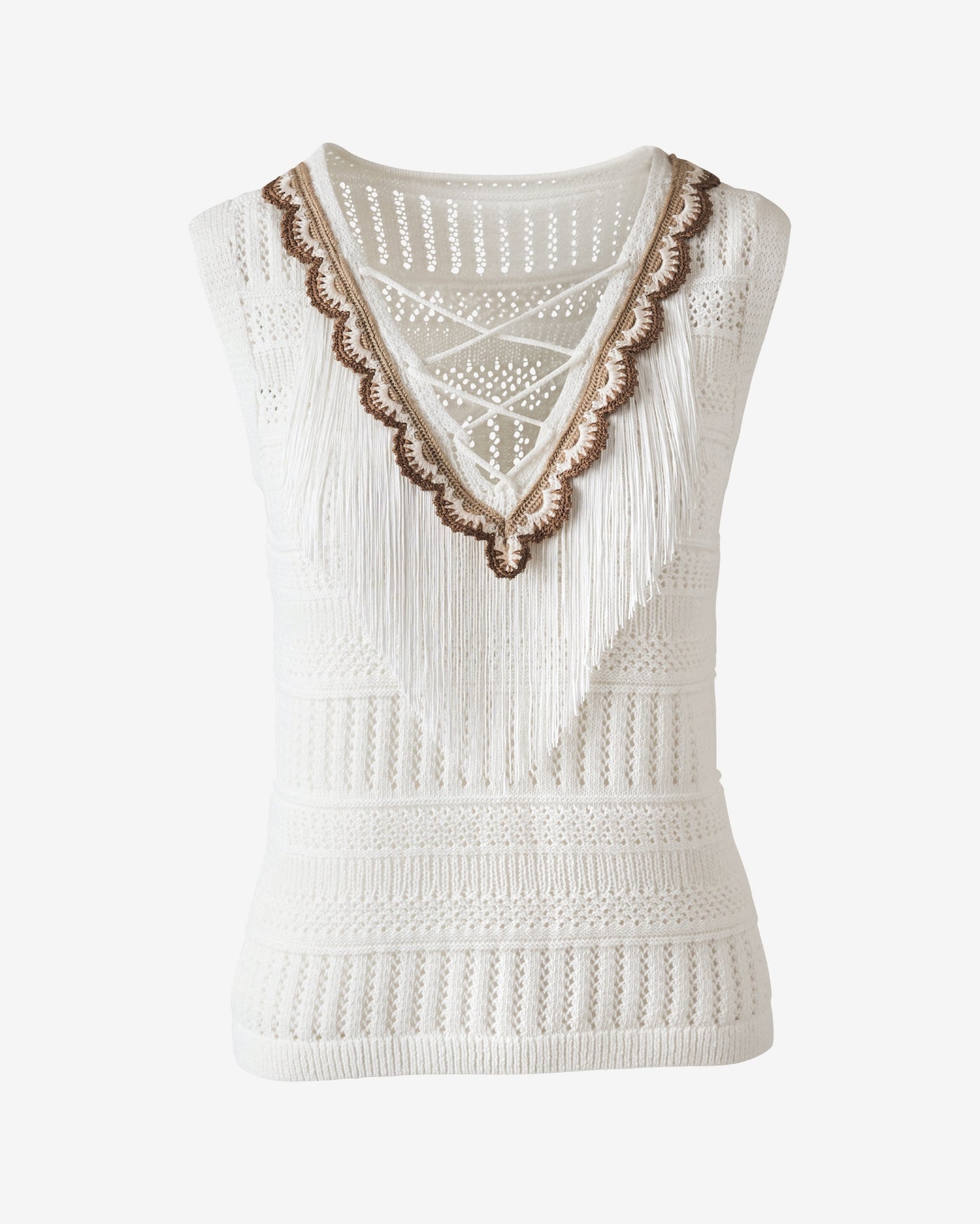 Crochet and Fringe Detail Sleeveless Sweater Off White/Neutral