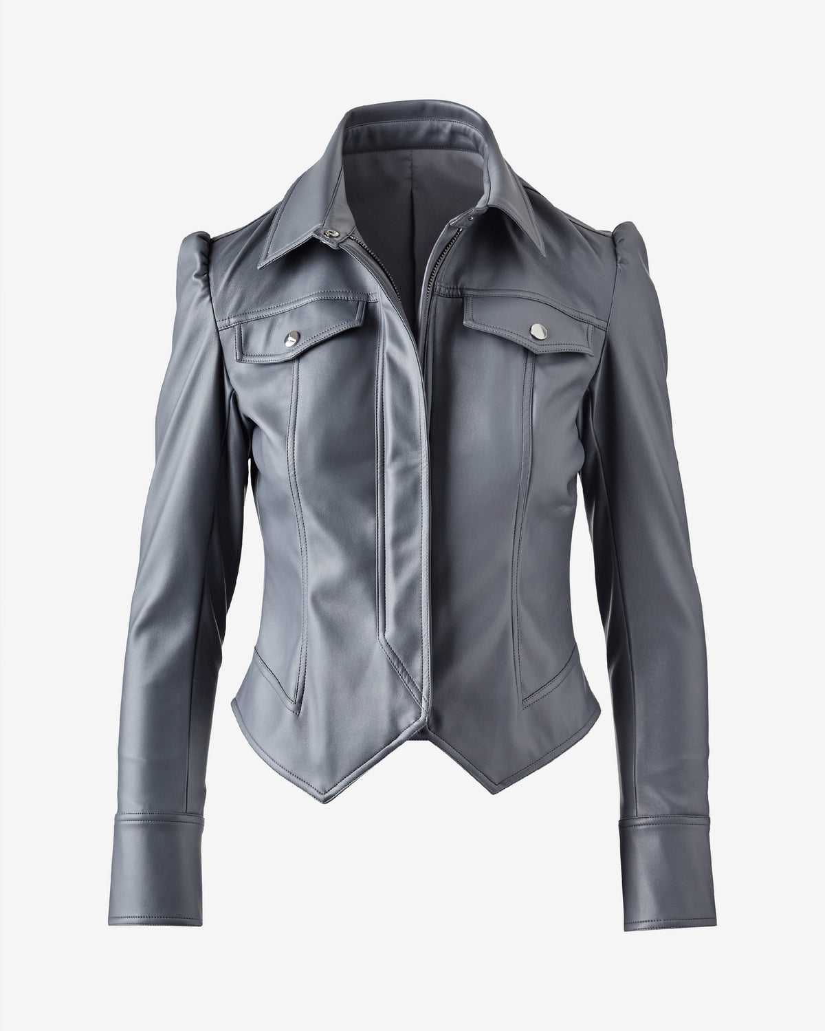 Puff Sleeve Faux Leather Jacket Slate Blue