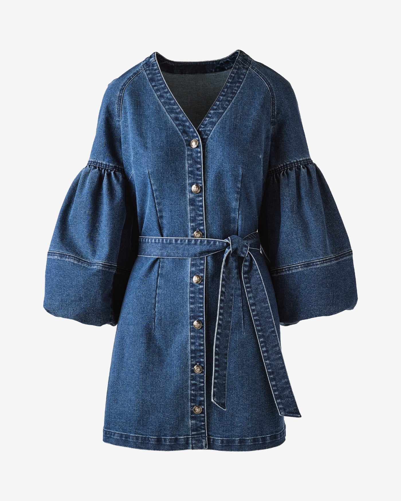 Belted Denim Balloon Sleeve Dress Dark Wash