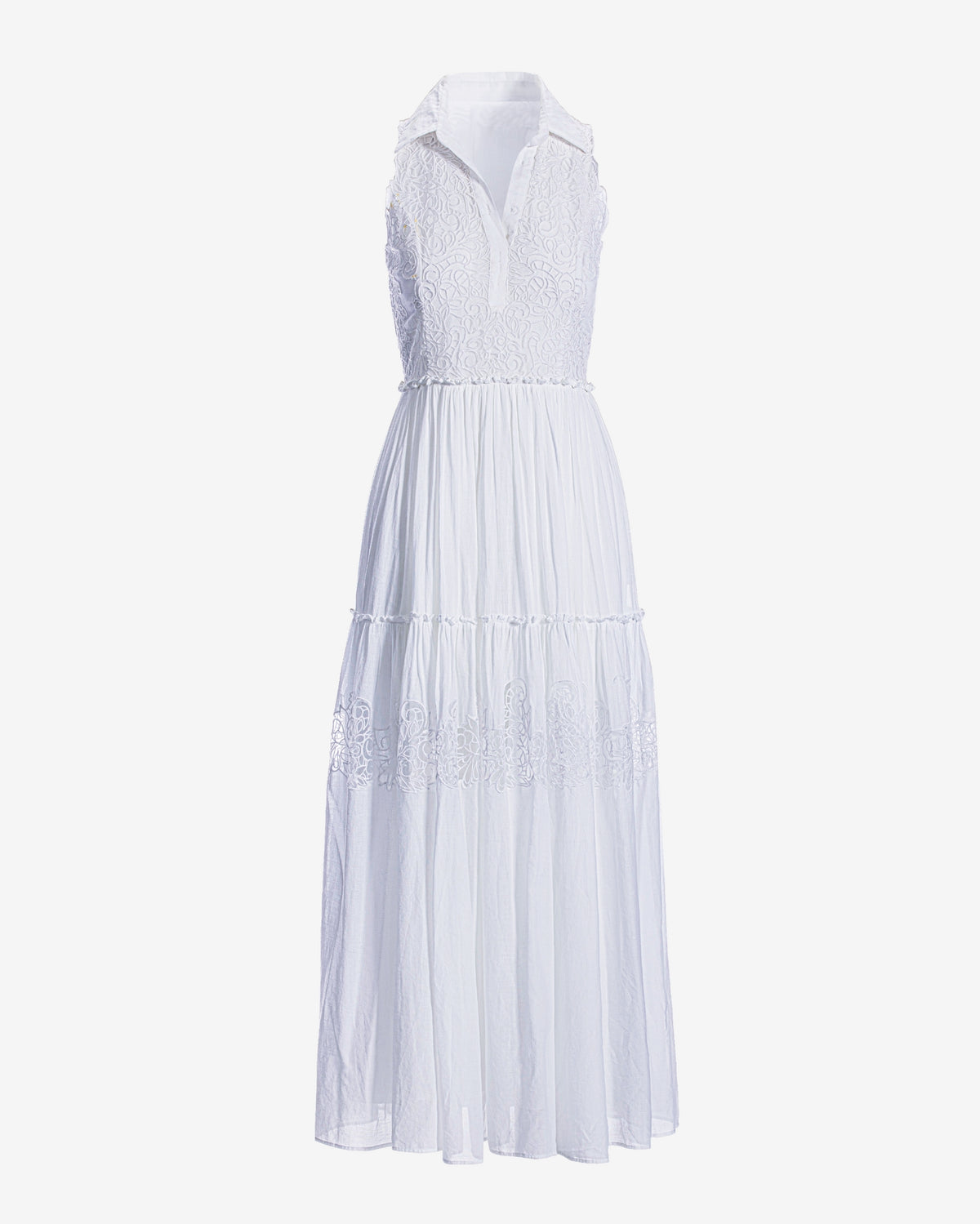 Lace Inset Tiered Ankle Length Cotton Dress Pure White