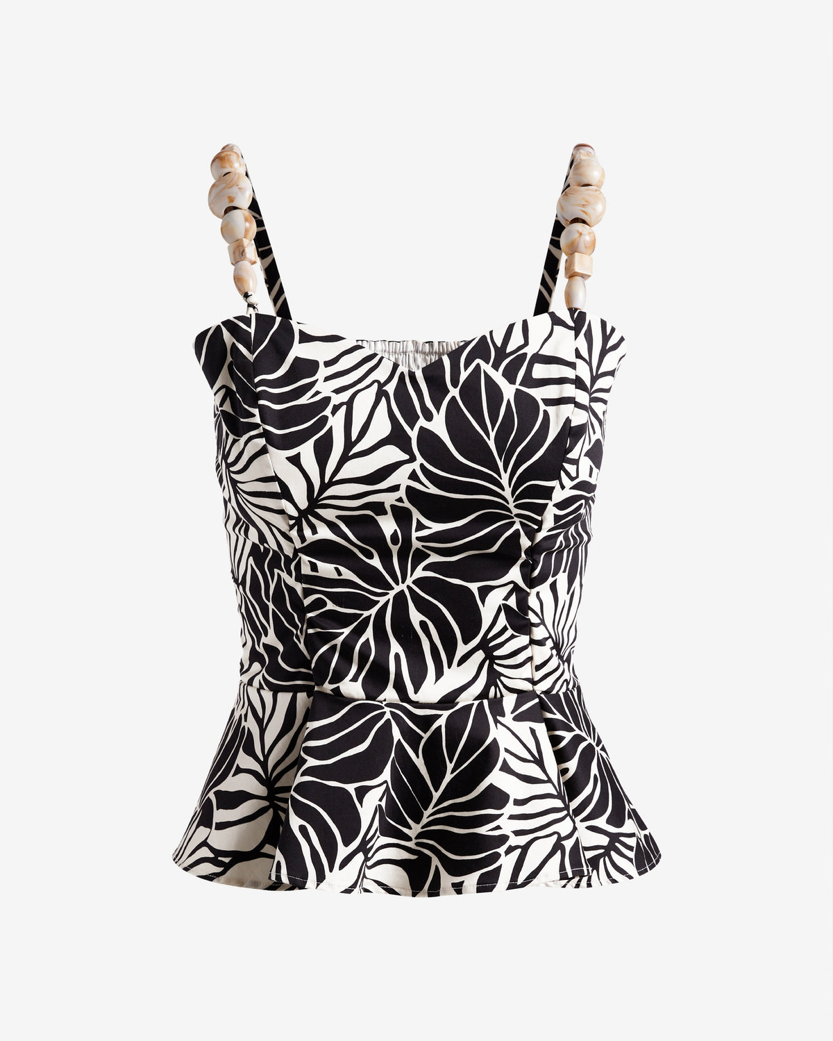 Printed Beaded Strap Peplum Top Contrast Leaves