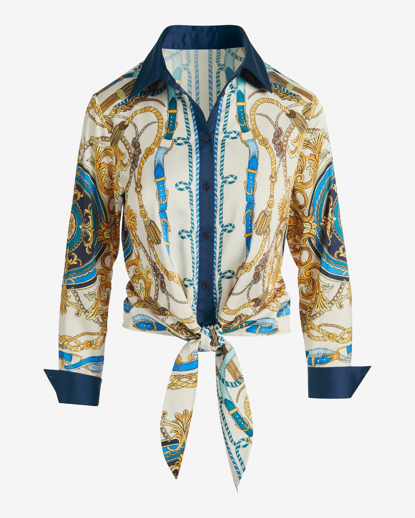 Printed Charmeuse Tie-Front Shirt Into The Blue