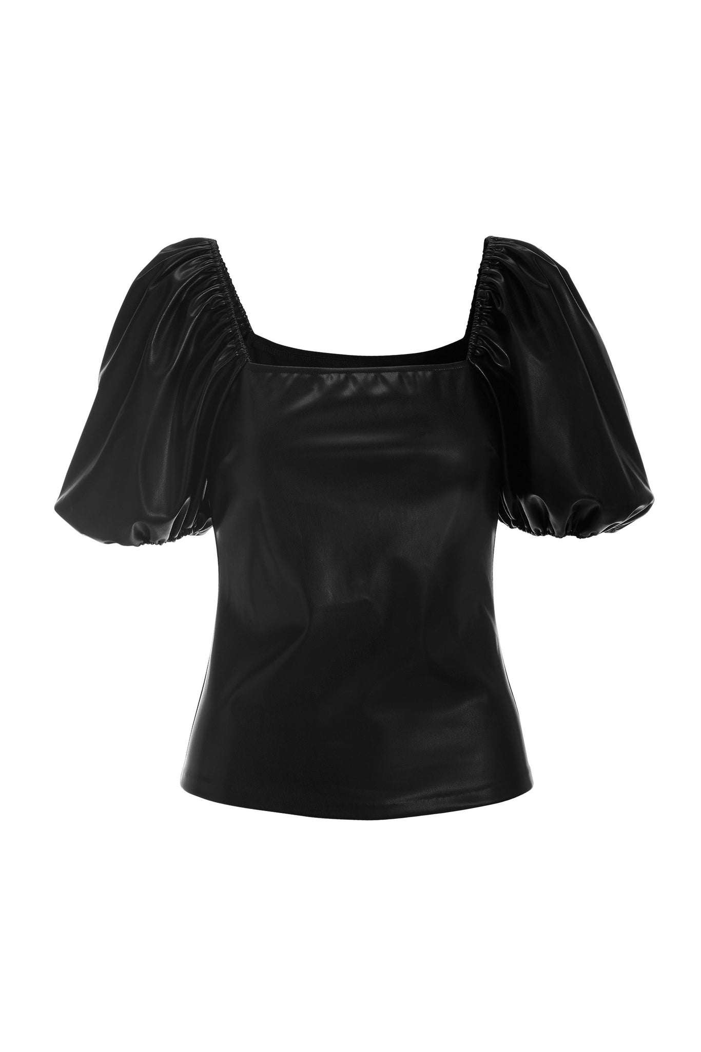 Faux Leather Square Neck Puff Sleeve Top Black