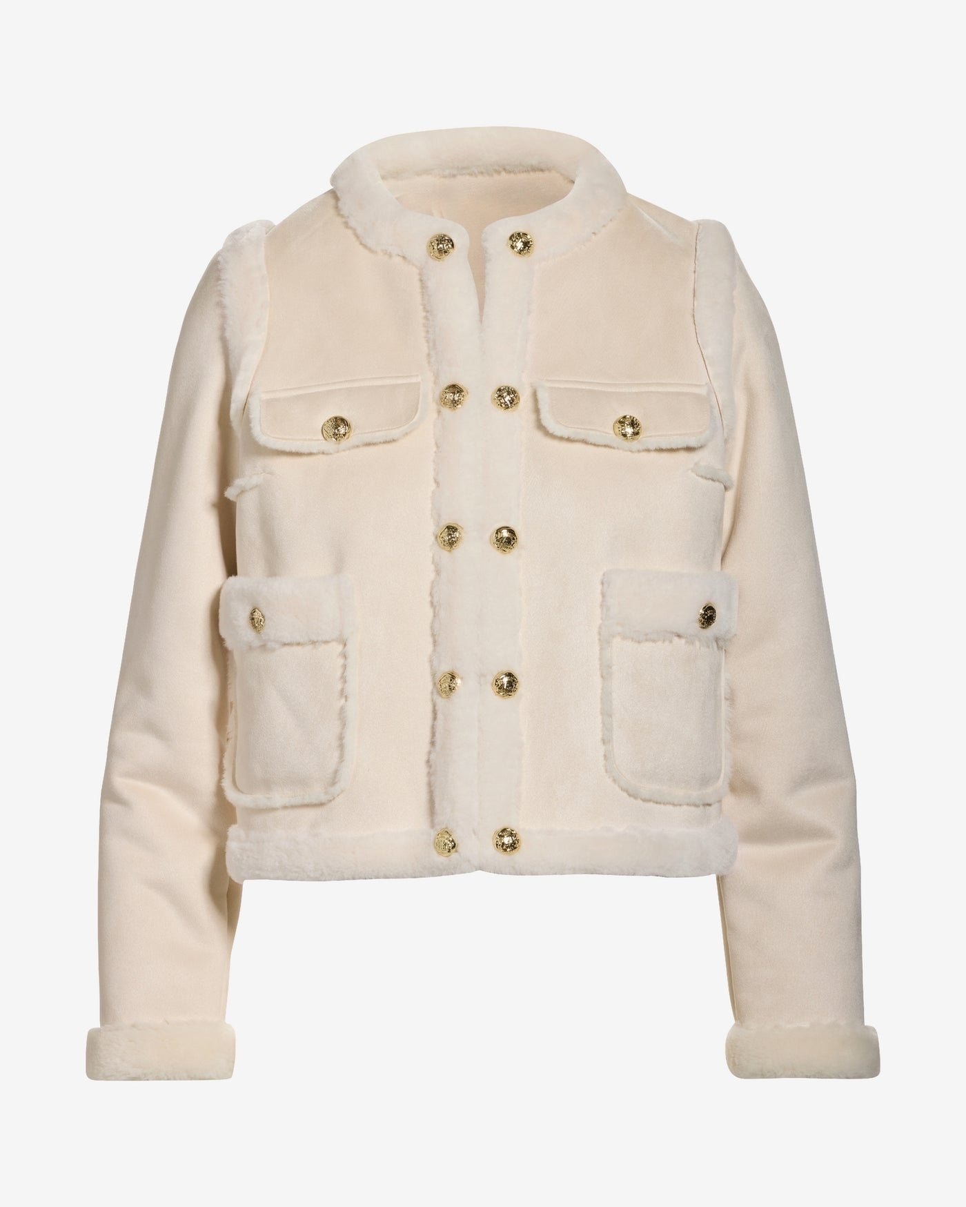 Fur Trim Faux Suede Lady Coat Off White