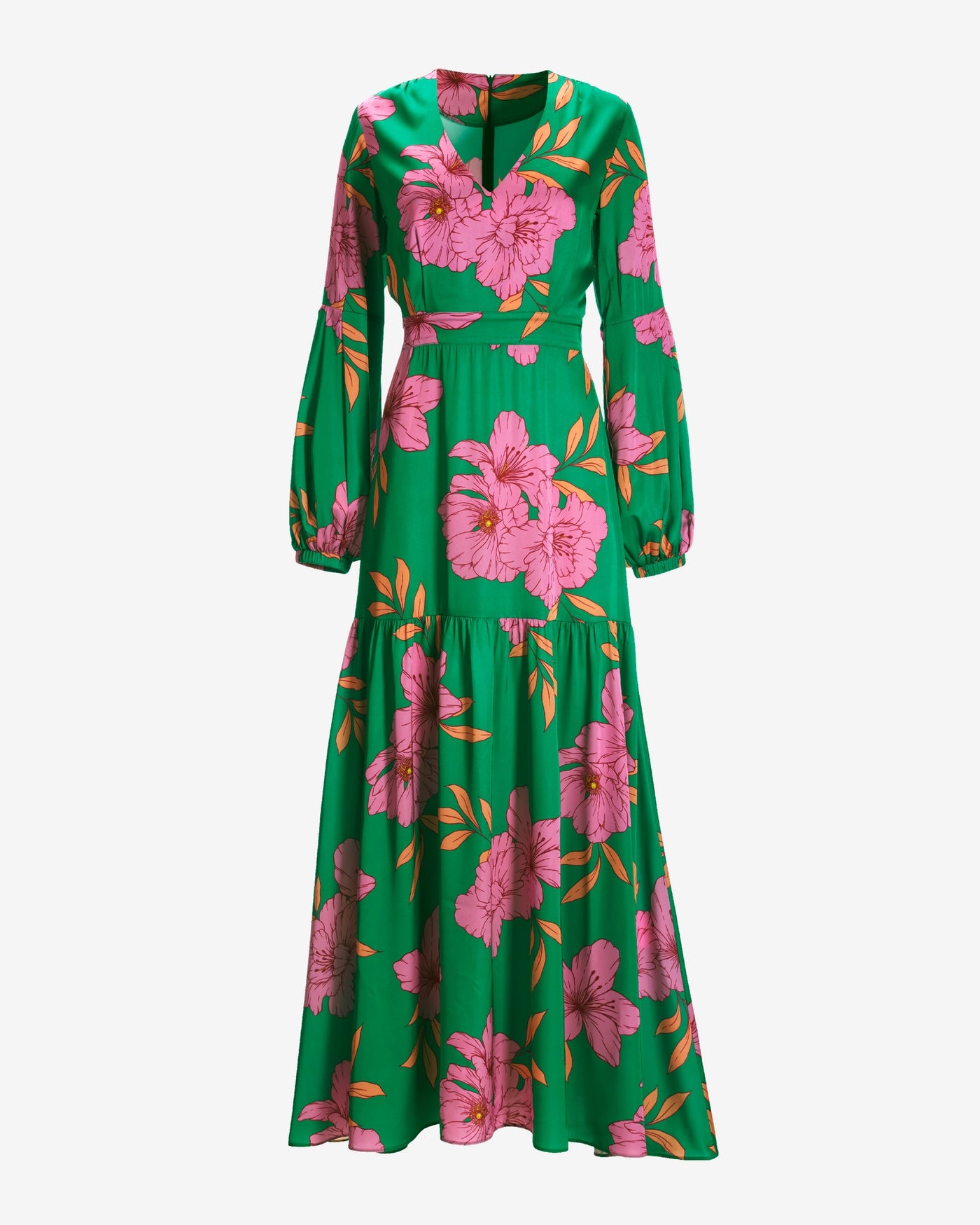 Drawn Floral Print V Neck Tiered Woven Maxi Dress Green/Pink
