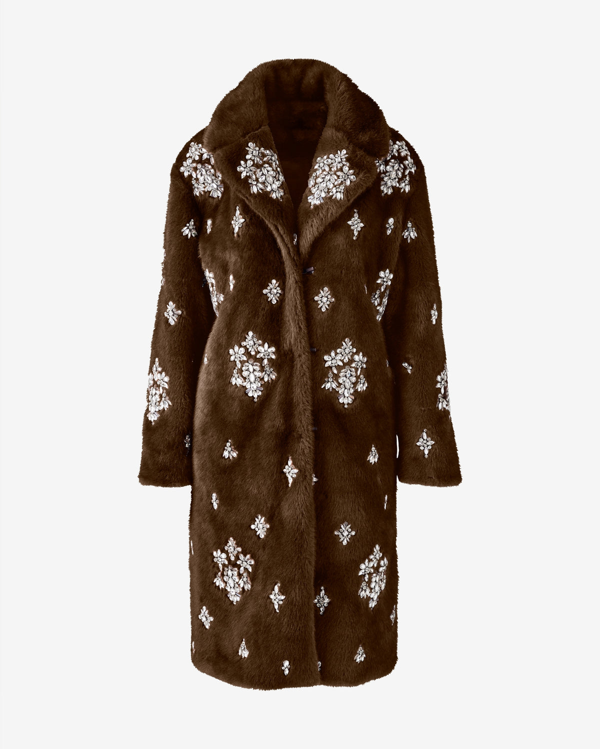 Brooch Embellished Faux Fur Coat Brown
