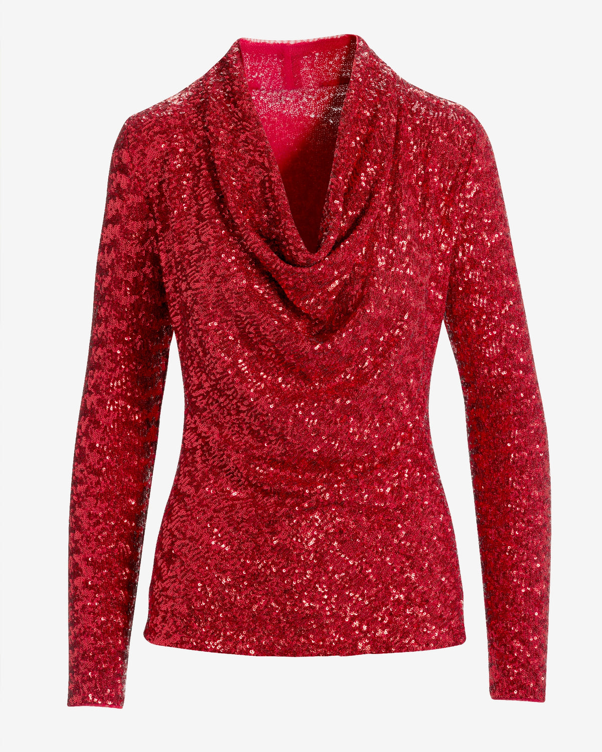 Sequin Cowl Neck Long Sleeve Knit Top Red