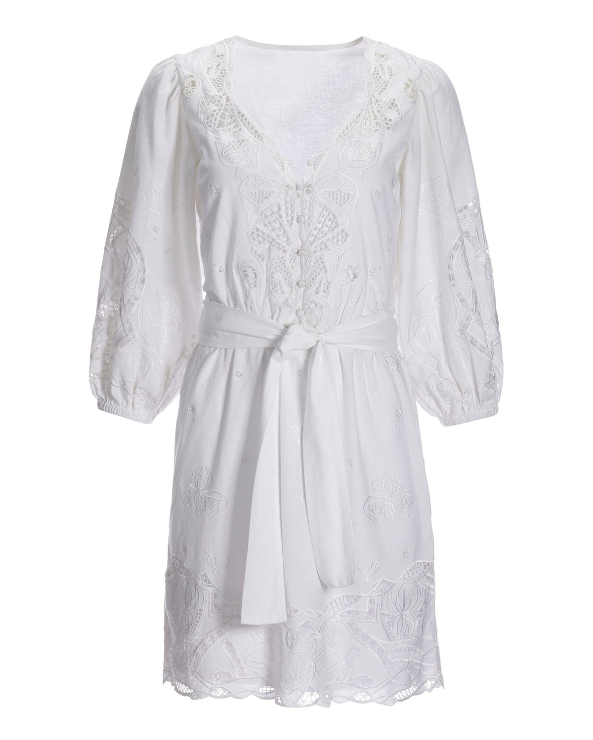 Puff-Sleeve Eyelet Fit-And-Flare Dress White