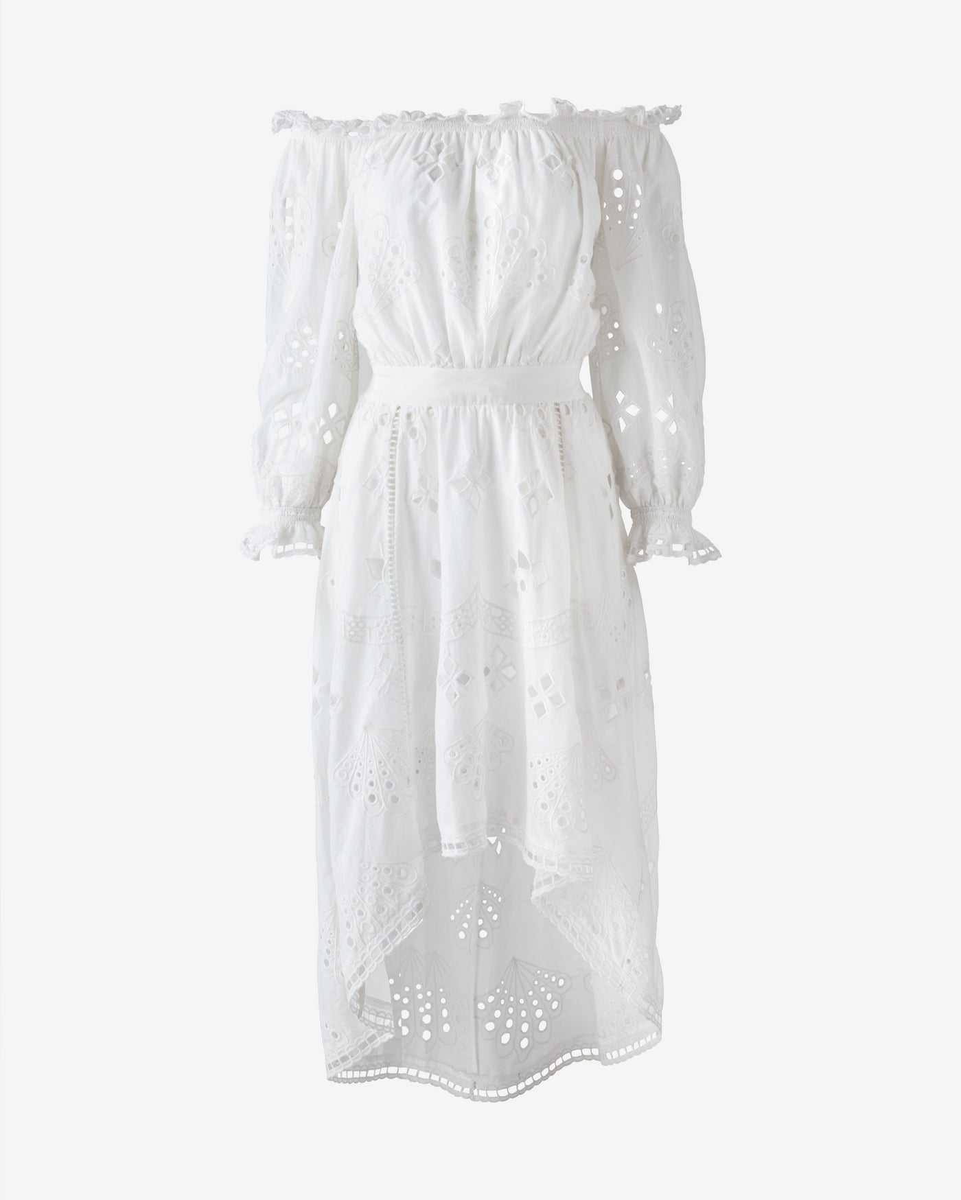 Off The Shoulder Eyelet High Low Dress Pure White