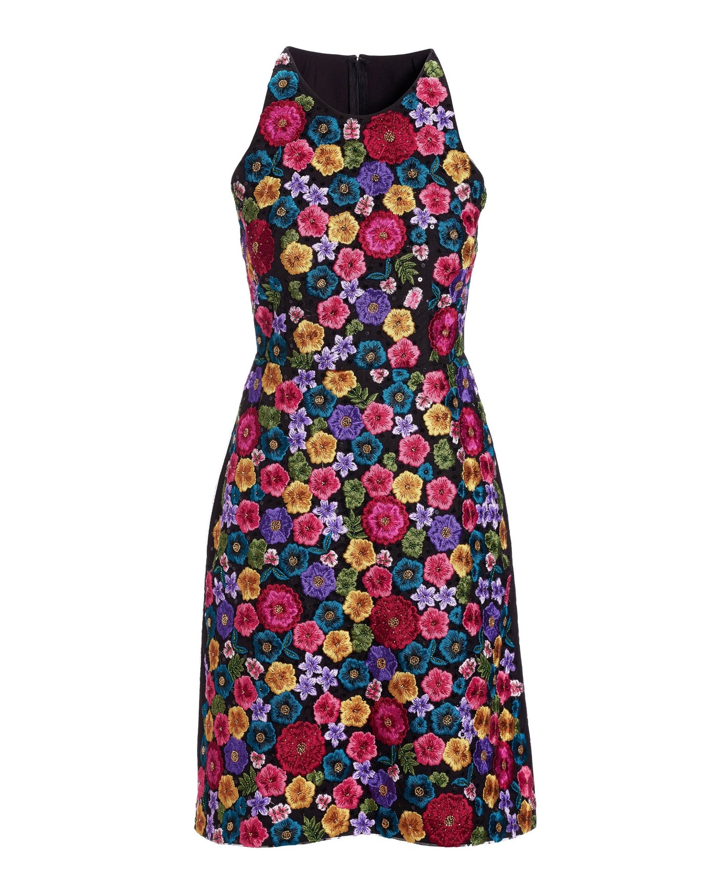 Hand Beaded and Embroidered High Neck A Line Dress Black Multi