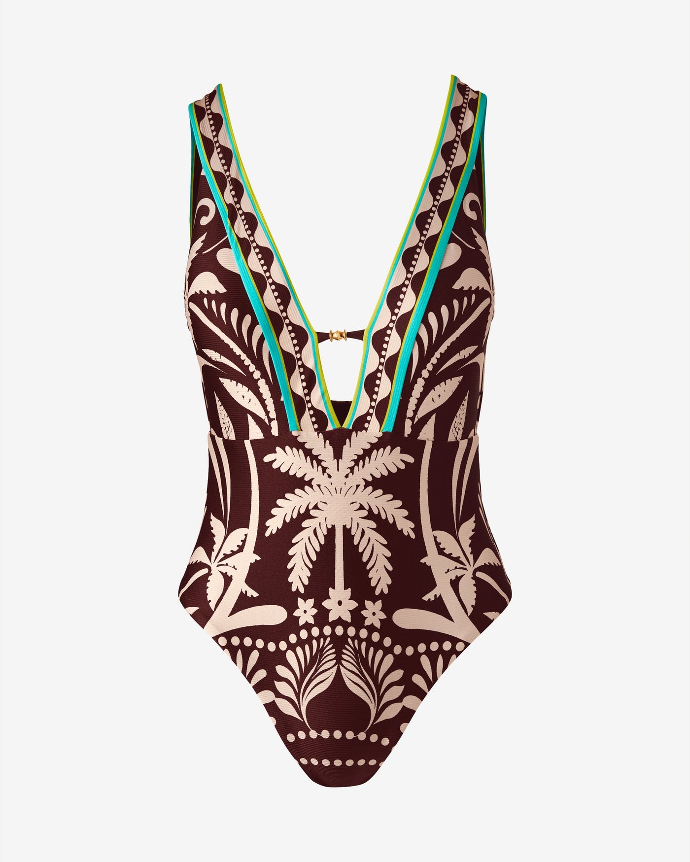 Trina Turk Palm Border Plunge One Piece Brown Multi