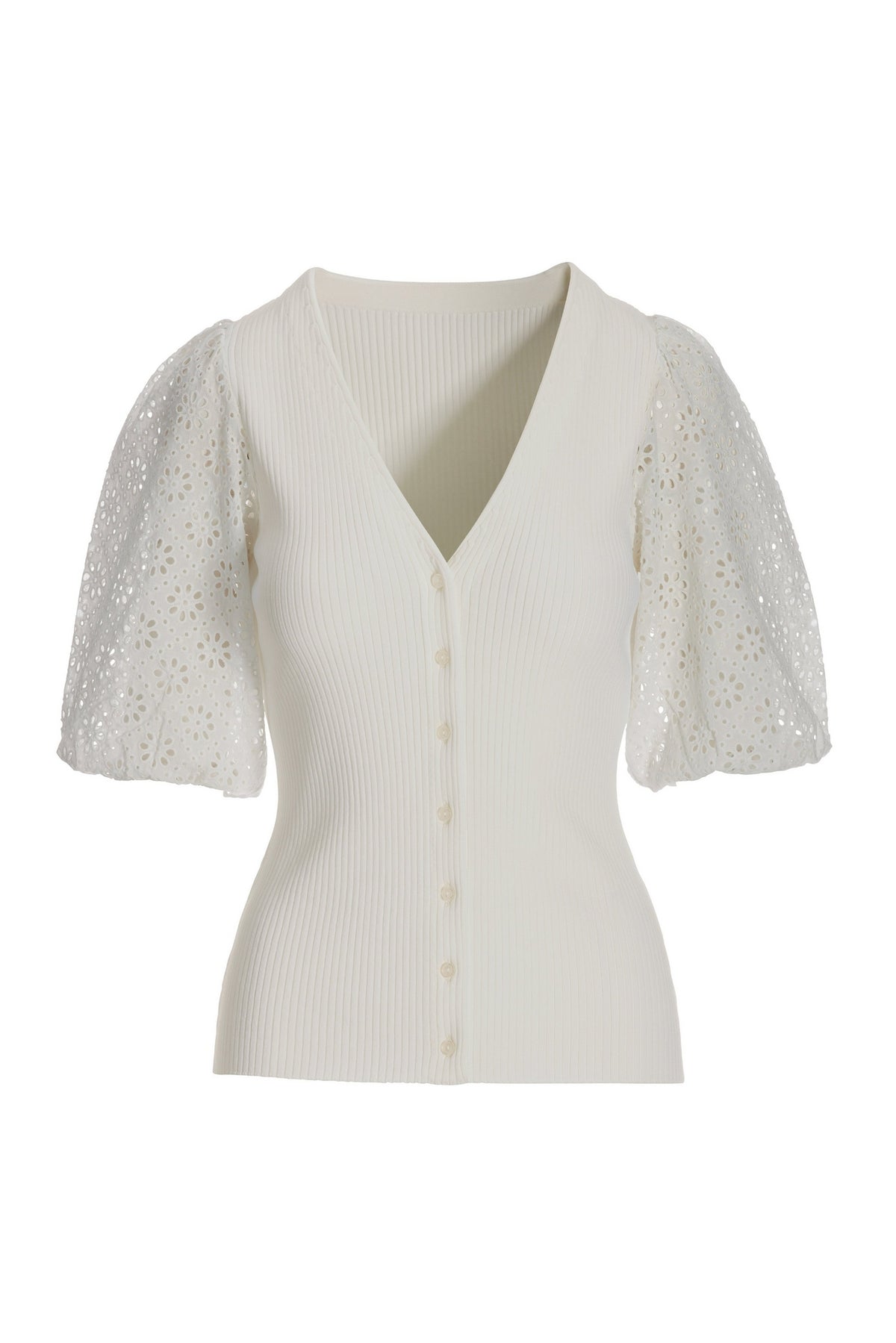 Eyelet Puff Sleeve Cardigan Off White
