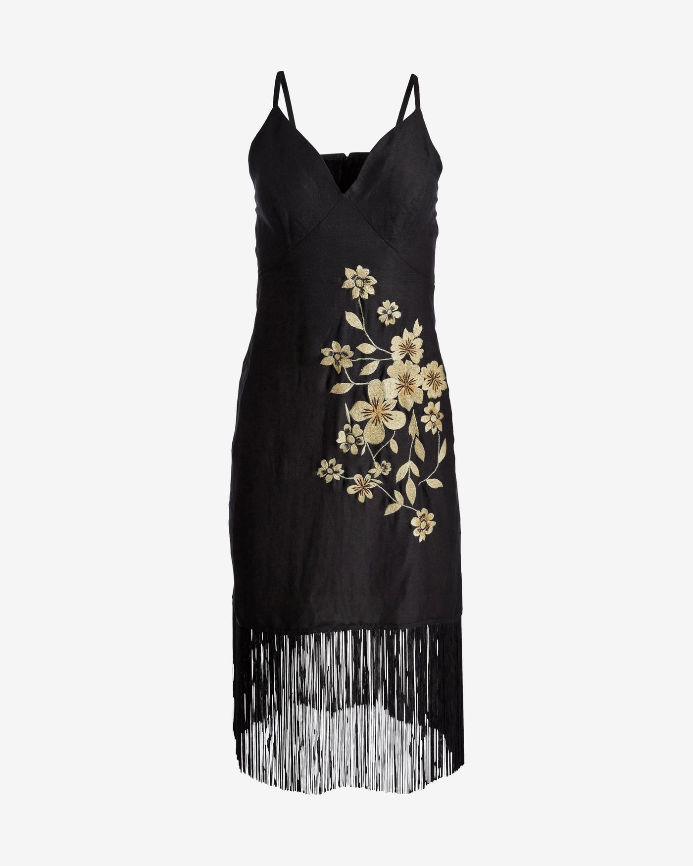 Embroidered Fringe Midi Dress Black/Gold