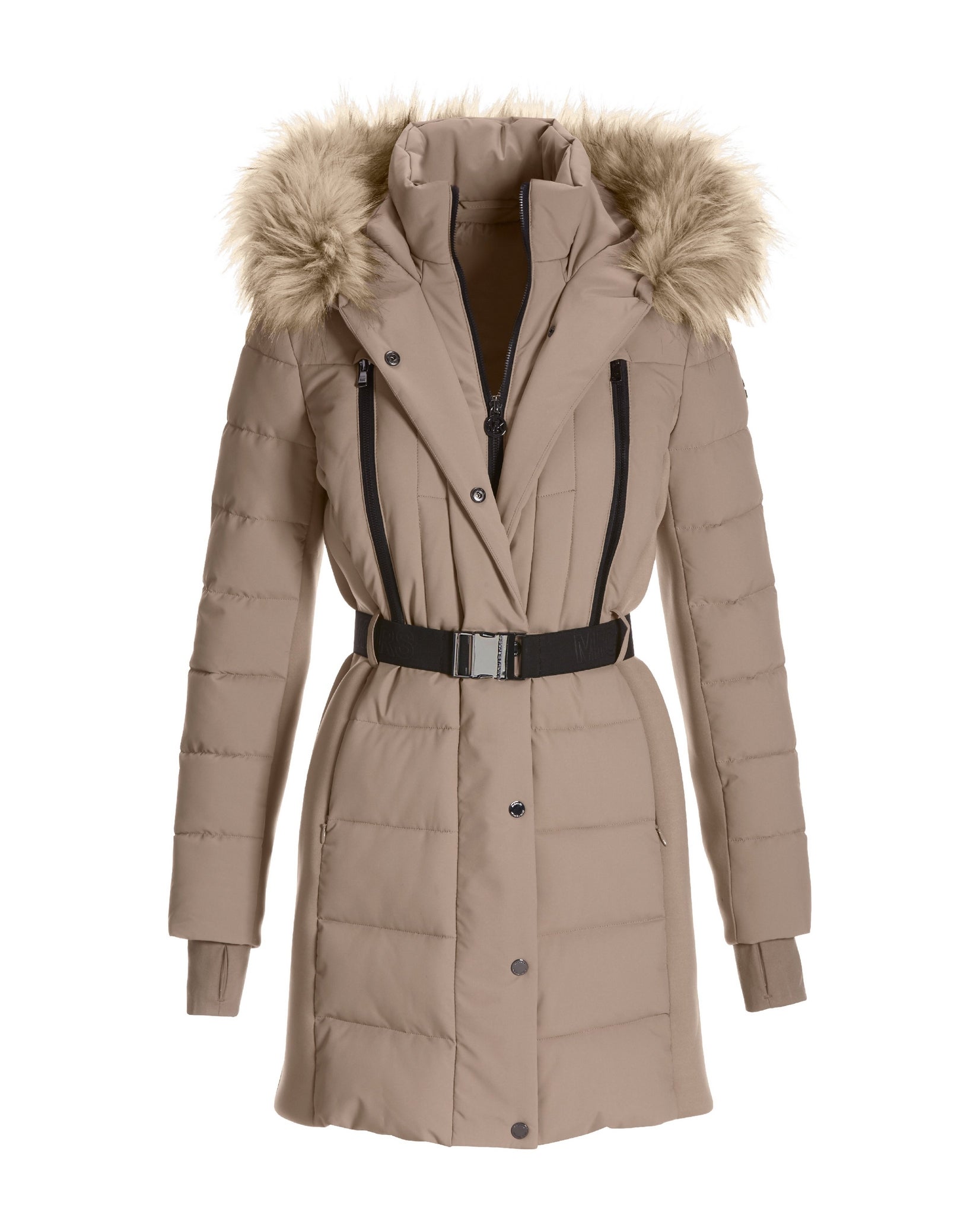 Belted Faux Fur Trim Puffer Jacket - Taupe | Boston Proper Belted Faux Fur Trim Puffer Jacket - Taupe | Boston Proper