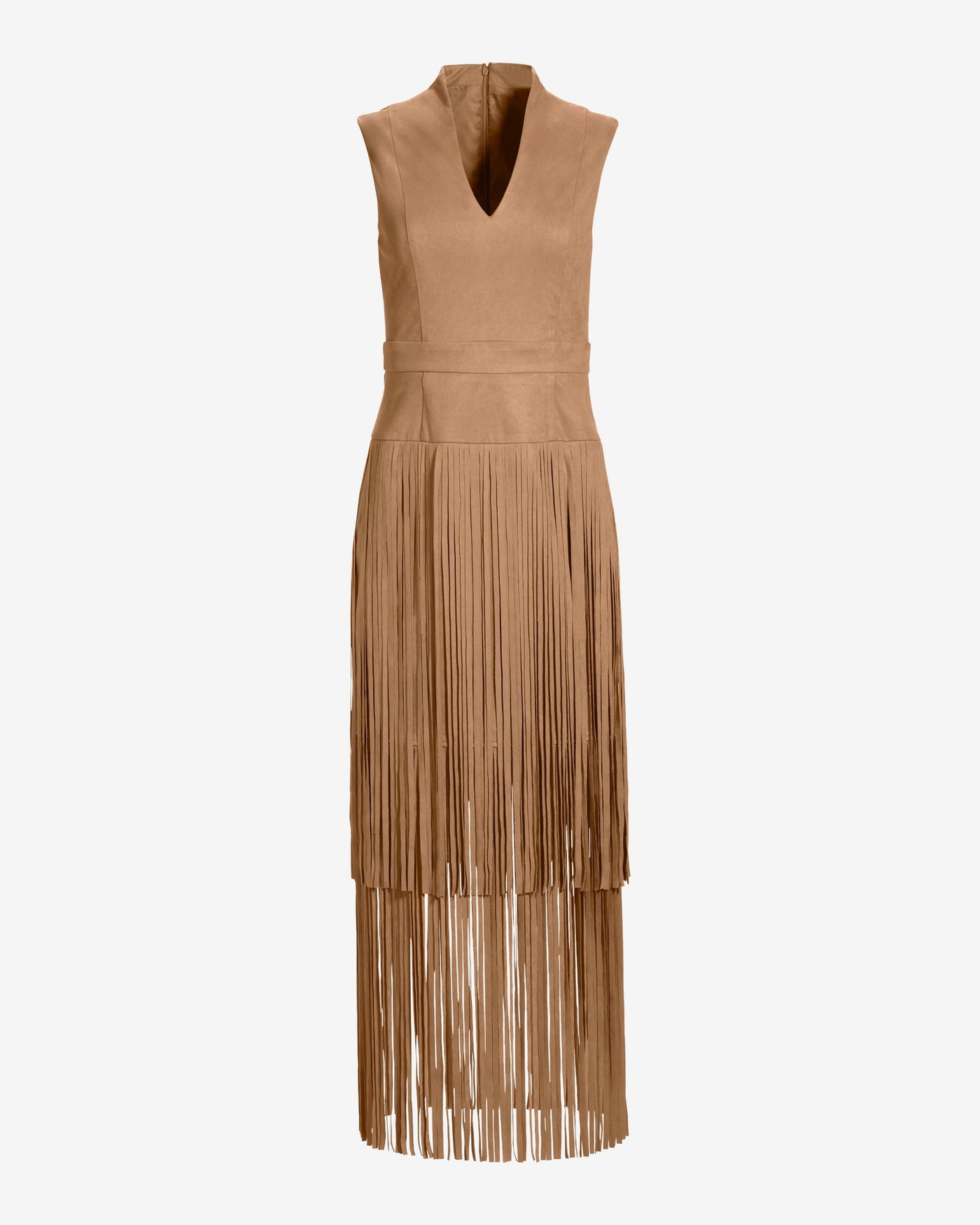 Faux Suede Tiered Fringe Midi Dress Tan