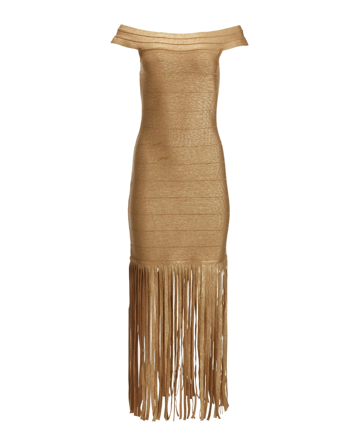 Fringe Trim Metallic Bandage Dress Gold