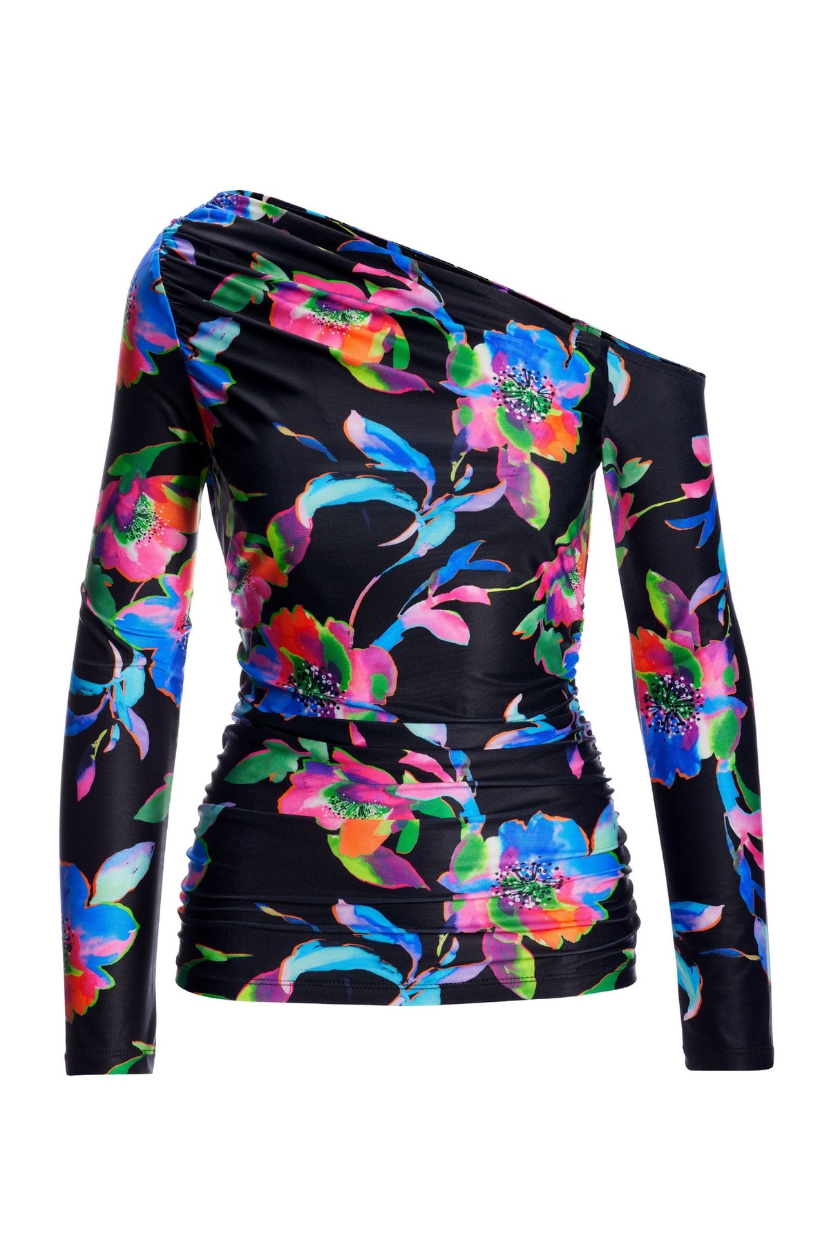 So Chic Exploded Garden Ruched Slouchy Knit Top Black multi