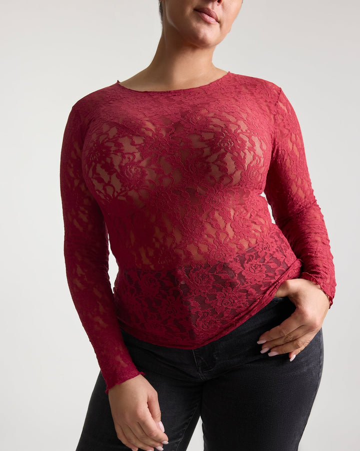 Plus Size Signature Lace® Long Sleeve Top Wild Berries Red