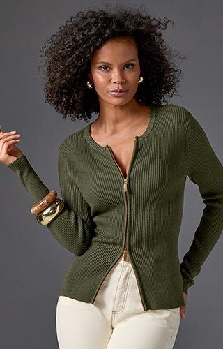 model is wearing zippered Olive green ribbed sweater