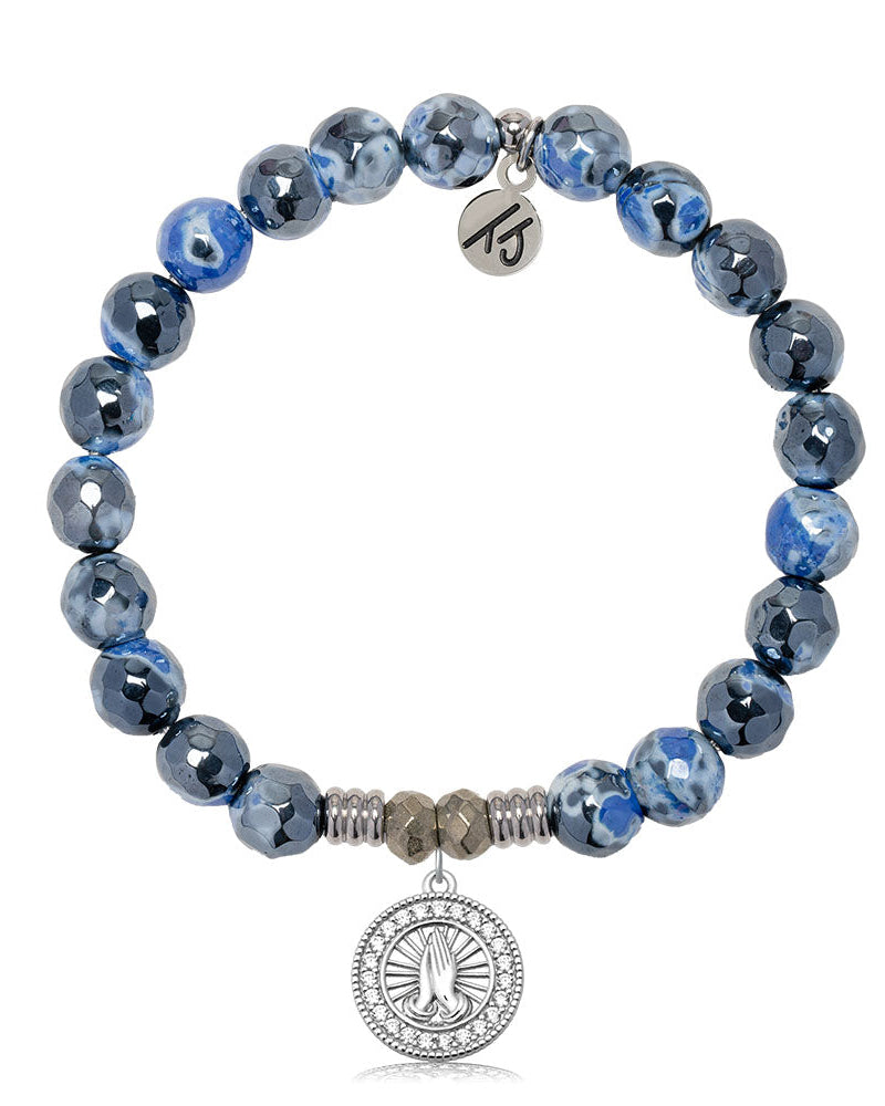 Denim Blue Agate Gemstone Bracelet with Prayers CZ Sterling Silver Charm