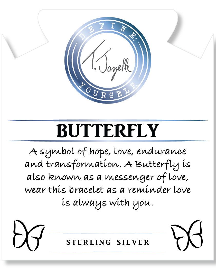 Multi Blue Jade Gemstone Bracelet with Butterfly CZ Sterling Silver Charm