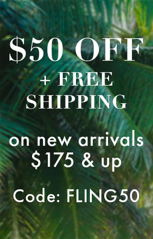 Green background with %50 off + free shipping on new arrivals $175 and up plus free shipping. Code: FLING50