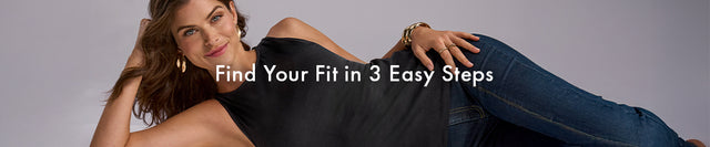 Woman sitting on a gray background with text 'Find Your Fit in 3 Easy Steps'.