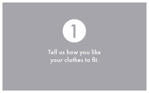 A gray instructional graphic with a white circle containing the number 1 and the text 'Tell us how you like your clothes to fit.'.