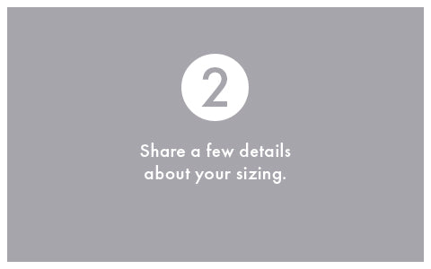 Gray background with a white circle and number '2', text 'Share a few details about your sizing.'
