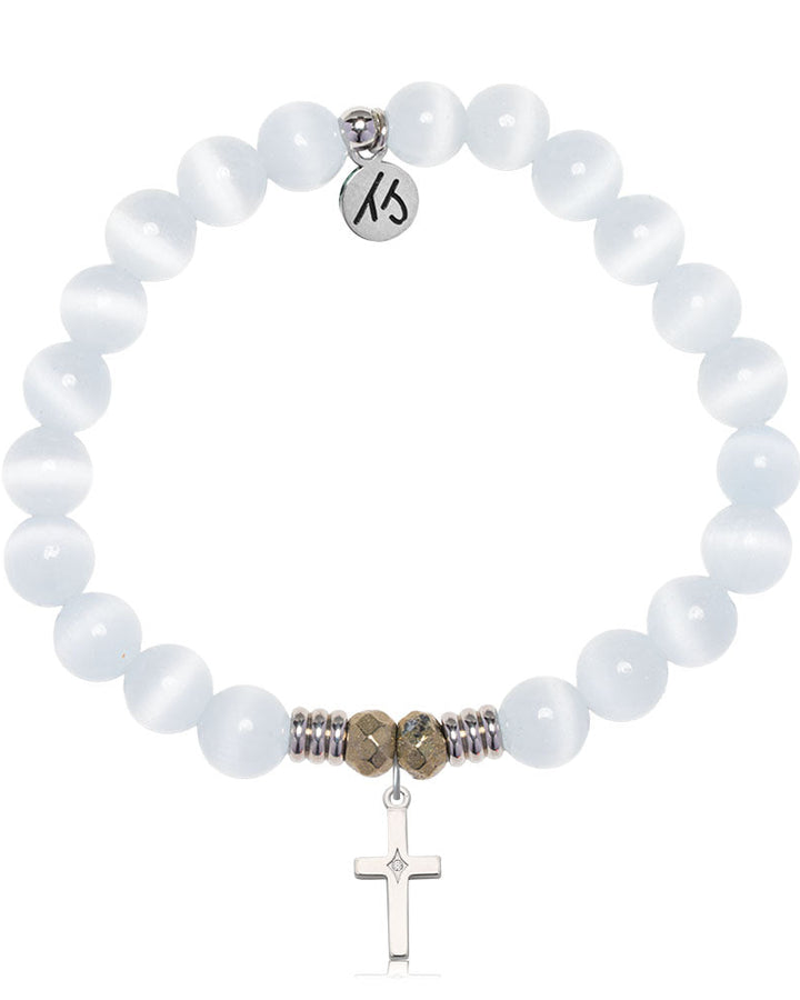 White Cats Eye Gemstone Bracelet with Cross CZ Sterling Silver Charm