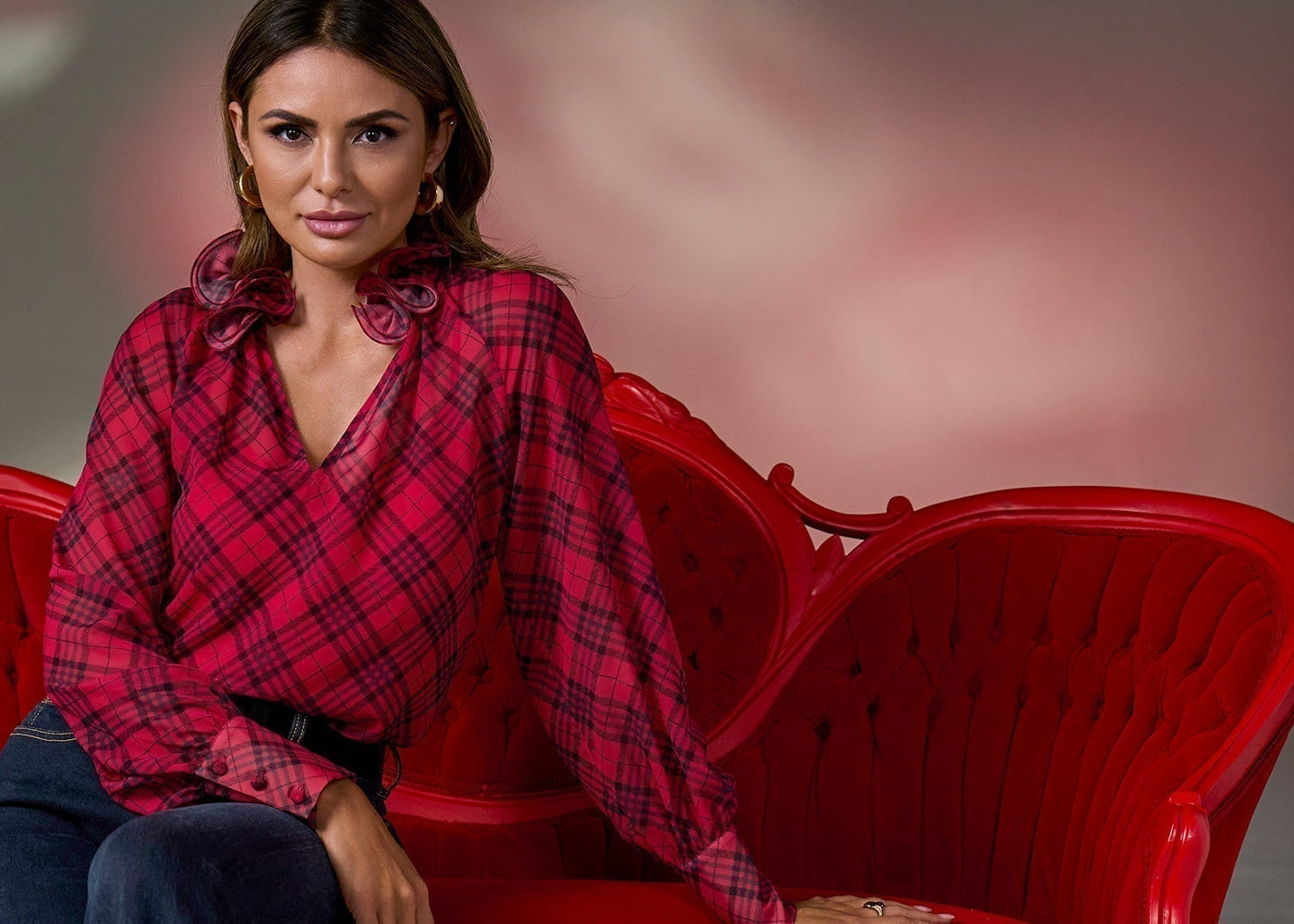 models wearing plaid blouse 