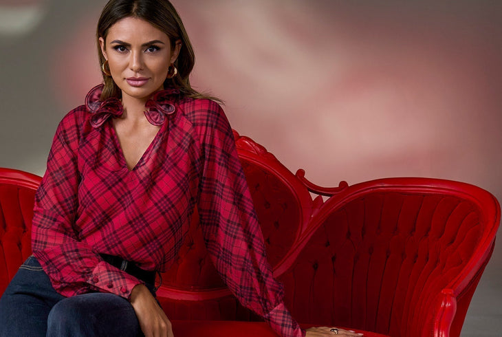 models wearing plaid blouse 