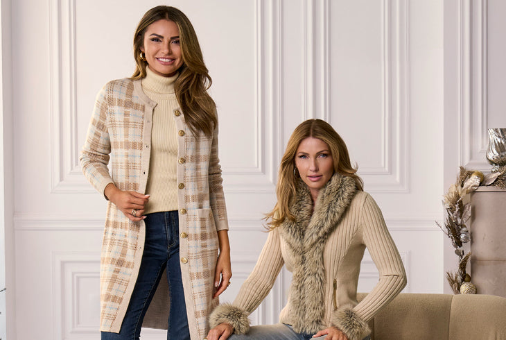 Models are wearing tan sweaters 