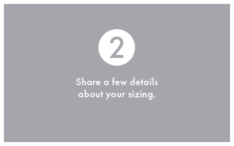 Gray background with a white circle and number '2', text 'Share a few details about your sizing.'