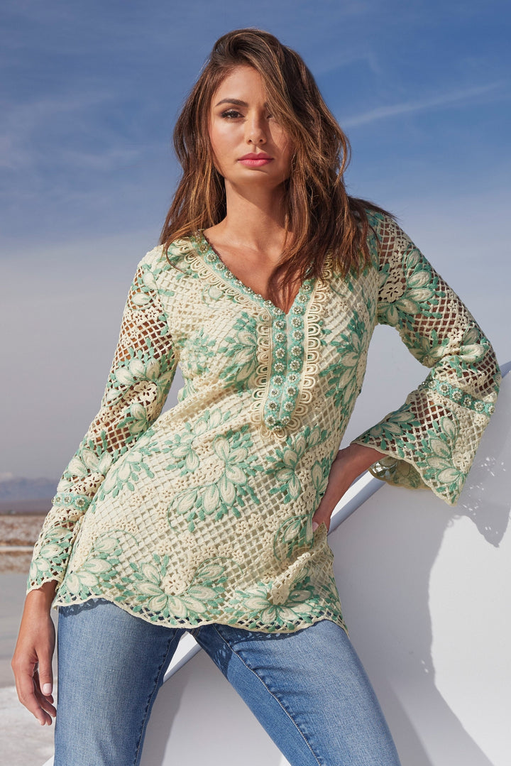 Lace Embellished Tunic Top Off White Multi