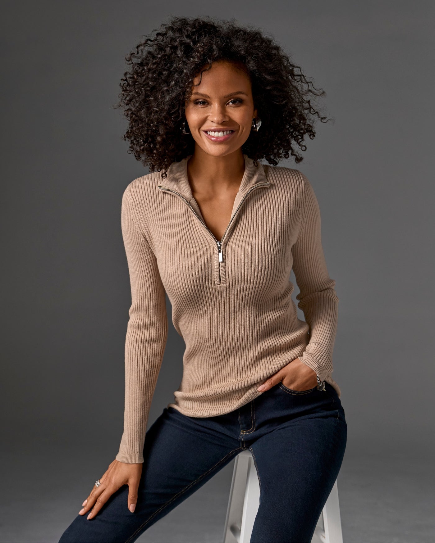 Ribbed Half Zip Up Sweater Sesame