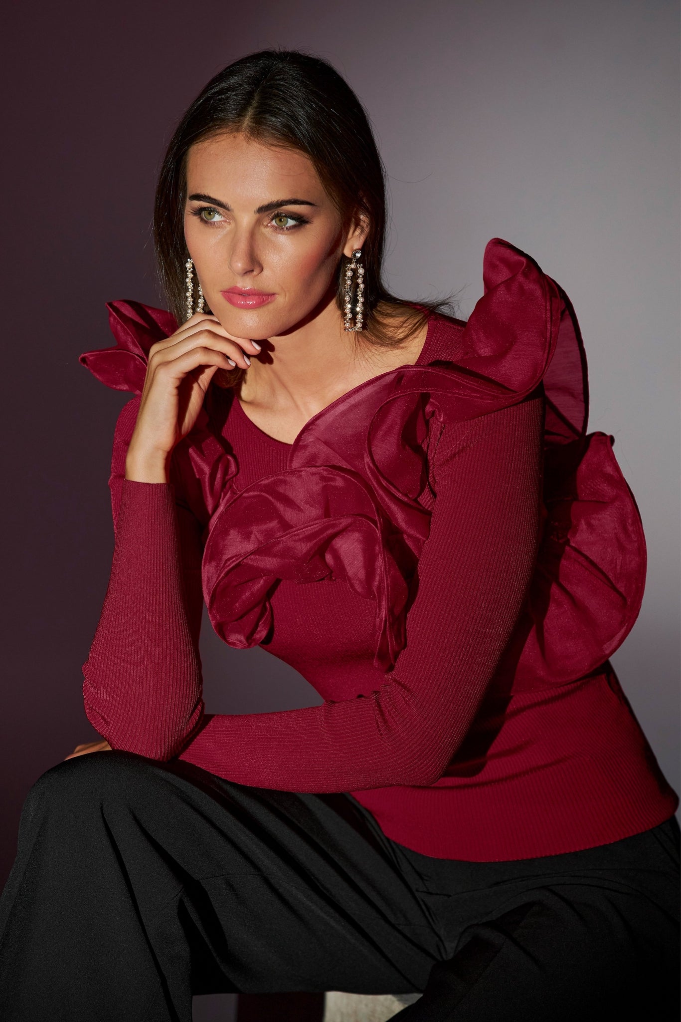 Organza Ruffle Sweater Red