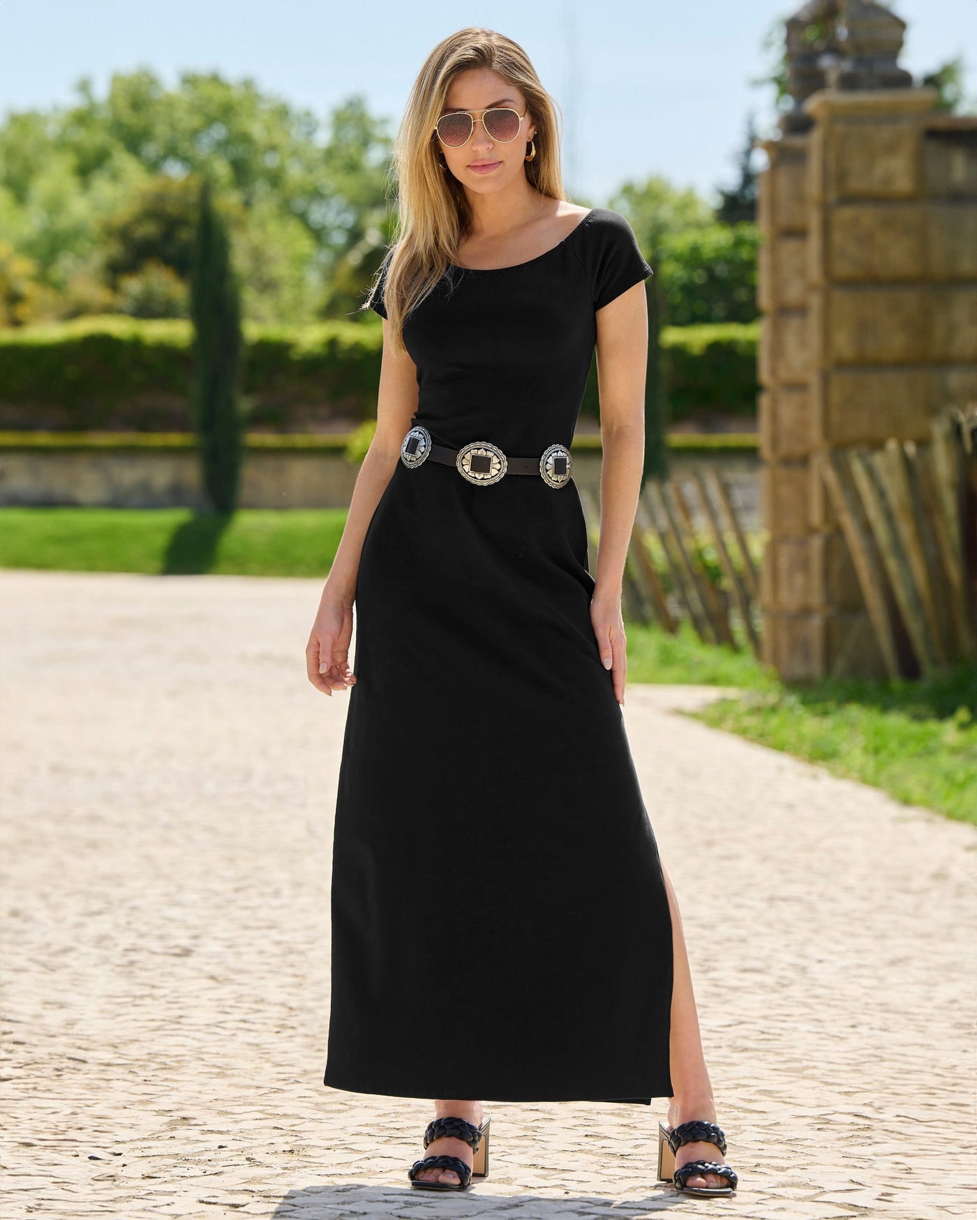 Off the Shoulder Short Sleeve Maxi Dress Black