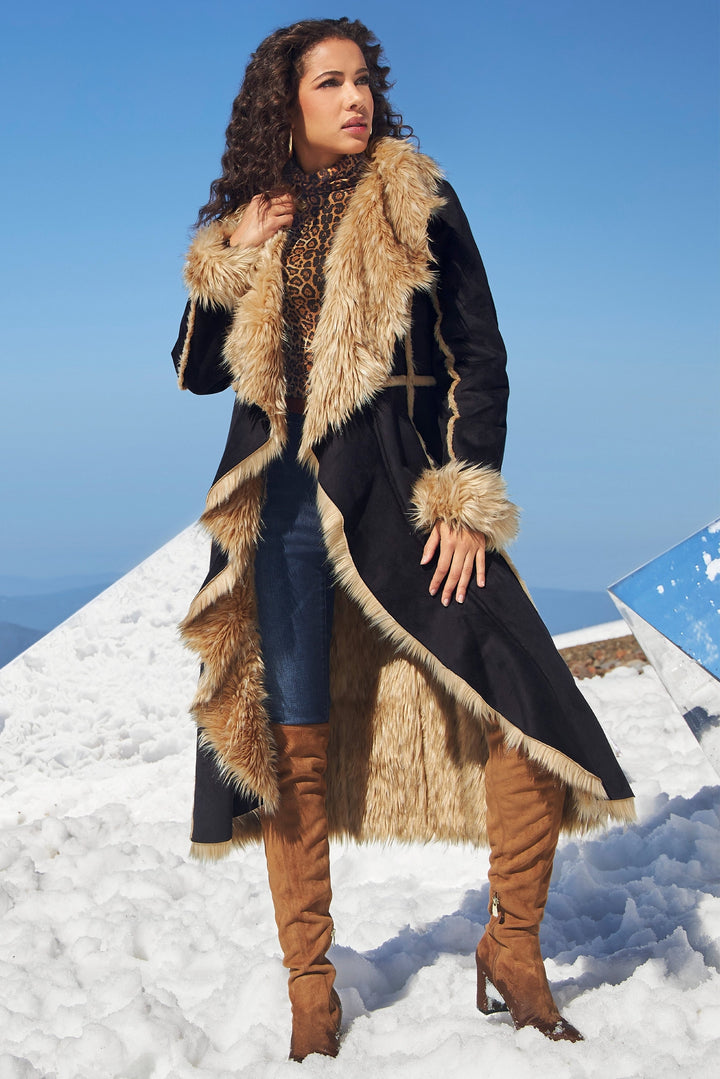 Faux-Fur Cascading Coat Black/Brown